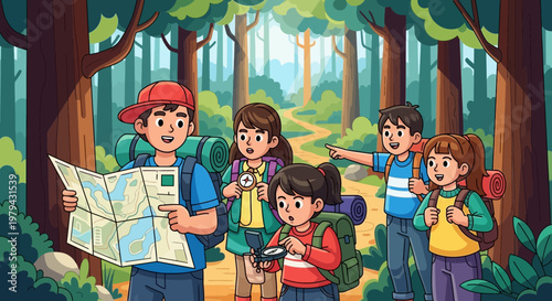 Children hiking, kids exploring forest, group of kids with map, outdoor adventure