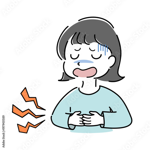 お腹を抱える女性 腹痛 ストレス 憂鬱 不安 体調不良 シンプル イラスト 案内,説明,ポイント,解説 人物 ベクター/ stressed woman simple illustration sick stomach ache patient character vector