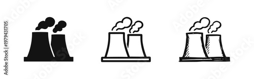 Nuclear Cooling Towers Icon Set - Atomic Power Generation Symbol