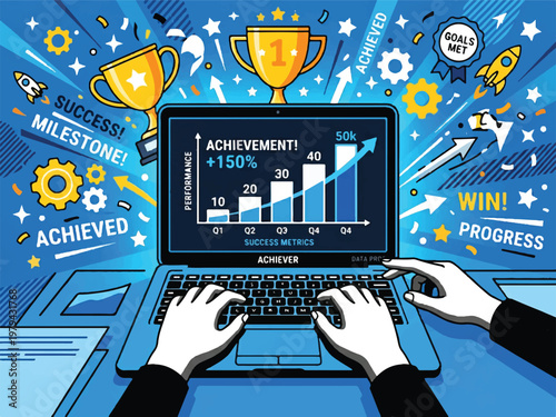 Business success achievement milestone concept with person hands on laptop keyboard and mouse graph showing performance increase of 150 percent on screen surrounded by awards and goals icons