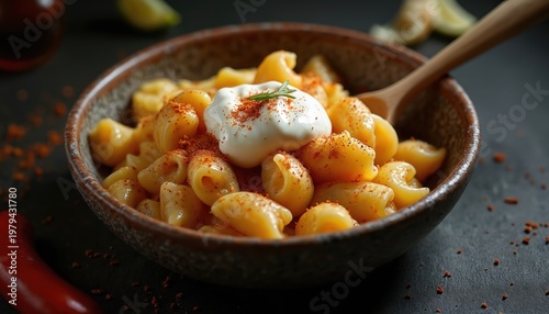 Bosnian Klepe pasta dish with creamy garlic sauce and paprika topping. Served in rustic bowl with wooden spoon. Delicious comfort food presentation.
