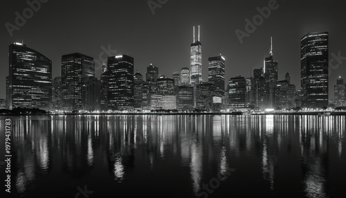 Monochrome cityscape at night showing illuminated skyscrapers reflected in calm water. Modern business district towers, windows glow, dark skyline horizon. Urban panorama with symmetry.