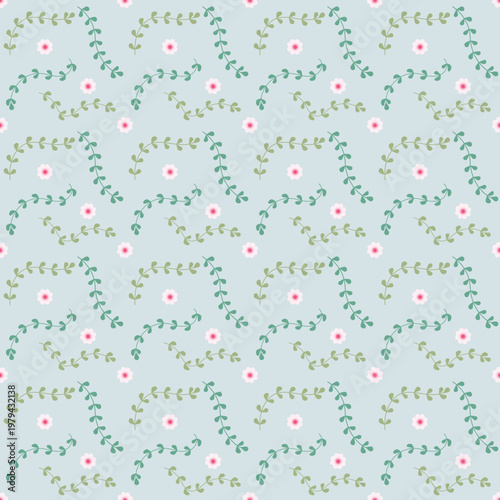 Seamless Floral Pattern with Pastel Pink Flowers and Green Leaves on Light Blue Background for Baby Fabric and Stationery