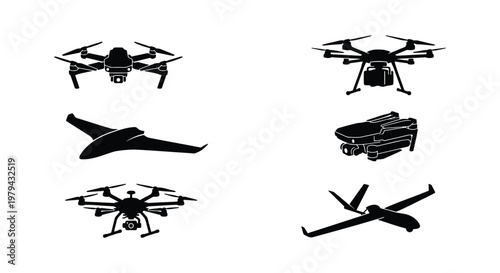 Drone silhouette vector set, 6 unmanned aerial vehicle icons, black quadcopter and fixed-wing UAV collection, remote controlled aircraft graphics