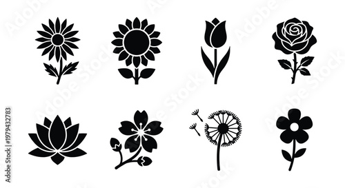 Minimalist black flower icon set, 8 botanical vector silhouettes including rose and sunflower, floral nature symbols for logo design and web UI