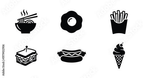 Minimalist food icon set, black silhouette fast food vector elements, 6 restaurant menu symbols including ramen, hot dog, and ice cream