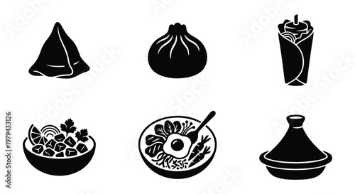 Global street food icons set, black silhouette world cuisine vector elements, 6 traditional meal illustrations including dumpling, kebab, and ramen