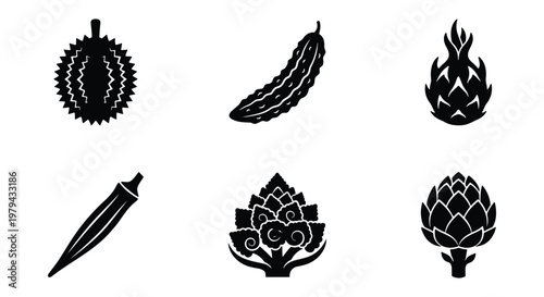 Exotic fruit and vegetable icons set, black silhouette durian and dragon fruit vectors, collection of 6 organic food elements for grocery branding
