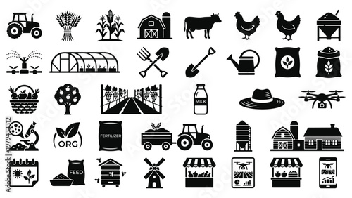 Agriculture and farming icon set with tractor, crops, greenhouse, livestock, tools, irrigation, and organic farming elements.