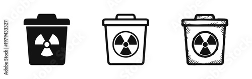 Radioactive Waste Bin Icon Set in Solid Outline and Hand Drawn Styles