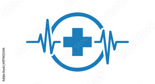 Healthcare and medical emergency symbol with a blue cross and heartbeat line representing health services