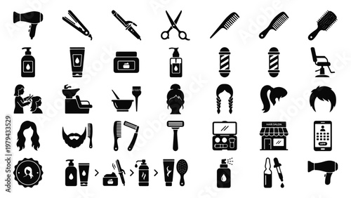 Hair salon and barber icon set with haircut, styling tools, grooming, beauty care, and hairdresser elements in silhouette style.