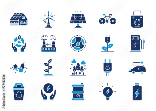 Save the earth thin flat icon set. Containing green house, windmill, solar panel, go bike, recycle bag, save earth, factory	