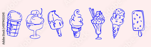 Set of ice cream doodle illustrations with cones sundae popsicles and sweet desserts minimal hand drawn style ideal for packaging menus branding social media stickers and summer themed design.Vector