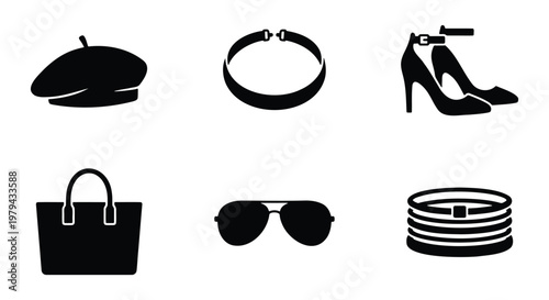 Fashion accessories vector icon set, black silhouette female clothing elements, elegant beret hat and high heels, stylish handbag and sunglasses