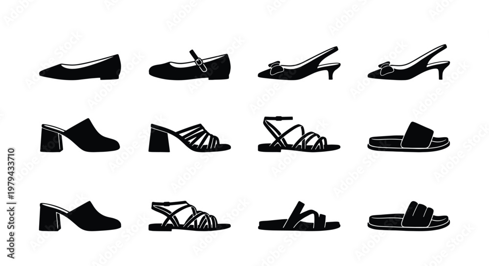 Obraz premium Minimalist women's shoe icons set, black silhouette footwear collection of 12 vector elements, elegant summer sandals and high heel pumps for fashion retail