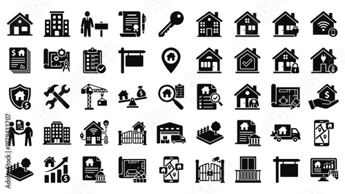 Real estate and property icon set with house, mortgage, construction, security, location, and smart home elements in silhouette style.