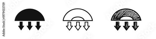 Pressure or Shield Icon Set with Downward Arrows in Three Styles