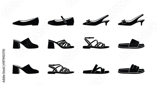 Minimalist women's shoe icons set, black silhouette footwear collection of 12 vector elements, elegant summer sandals and high heel pumps for fashion retail