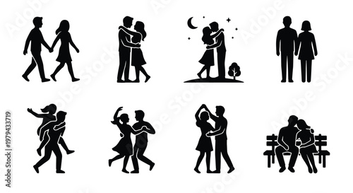 Romantic couple silhouettes set, 8 vector icons of man and woman in love, black figures walking dancing and hugging, relationship and dating symbols