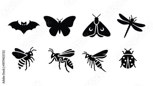 A collection of black silhouette icons depicting various flying insects like bats butterflies bees and dragonflies high quality professional detailed modern