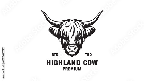 Highland cow head logo with horns, bold line art, and premium text for branding and apparel design featuring cattle, bovine, mascot with t-shirt