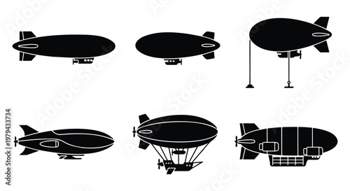 Vintage blimp icons set, black dirigible airship silhouettes, 6 vector zeppelin illustrations for retro aviation and transport design