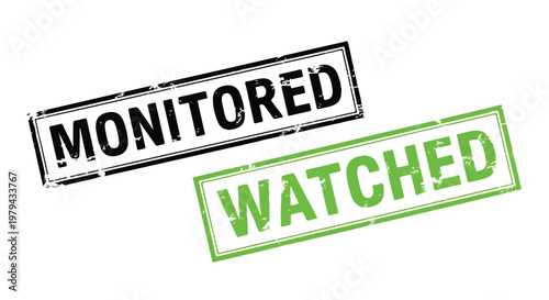 Close-up of monitored and watched stamps indicating surveillance and security concepts in black and green colors