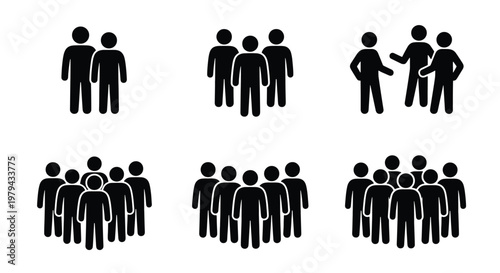 Minimalist people icons set, black stick figure group silhouettes, 6 vector elements of crowds and teams for business infographics and social networking