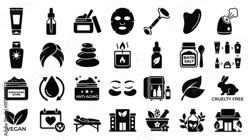Skincare and spa icon set with beauty products, wellness, organic care, treatment, and cosmetic elements in silhouette style.