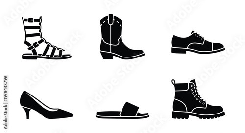 Minimalist footwear icon set, black silhouette shoes collection including boots and sandals, 6 vector fashion footwear elements for retail
