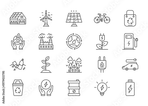 Save the earth thin line icon set. Containing green house, windmill, solar panel, go bike, recycle bag, save earth, factory	