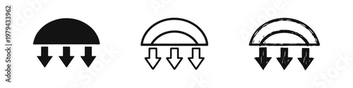 Air Flow or UV Protection Icon Set with Downward Arrows in Three Styles