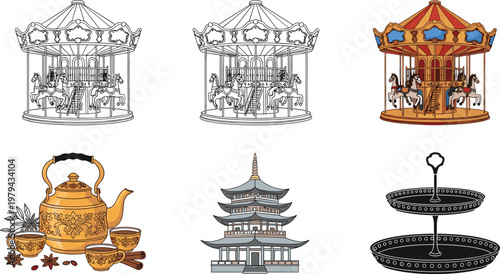 Carousel amusement ride, traditional teapot set, Asian pagoda temple and dessert stand vector illustration collection in detailed line and color styles