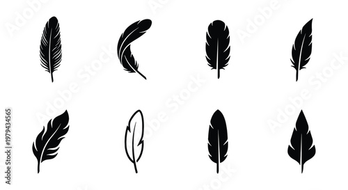 Black feather silhouette icons, set of 8 bird plumage vector elements, minimalist quill and wing feather symbols for logo design and decoration