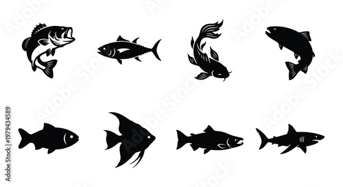 Black fish silhouette icons set, collection of 8 aquatic animal vector graphics, minimalist sea life and freshwater fish symbols for fishing logos