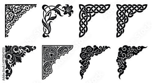 Fotografía Vintage ornamental corner borders, set of 8 decorative floral and celtic frame e
