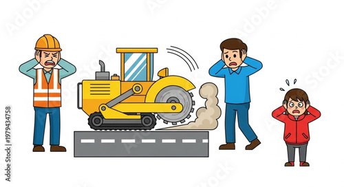 Construction worker and civilians cover ears from loud road cutting machine noise.