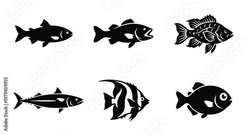 Black fish silhouettes set, collection of 6 aquatic animal vector icons, minimalist sea life and freshwater fish illustrations for fishing logos