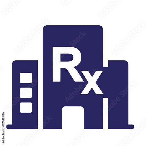 Dark blue pharmacy or medical building with rx symbol prescription healthcare