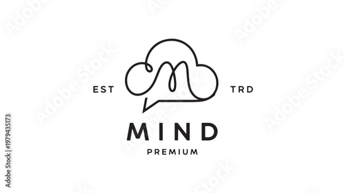 Cloud computing logo icon with minimal line art, speech bubble shape, and premium branding typography on white background