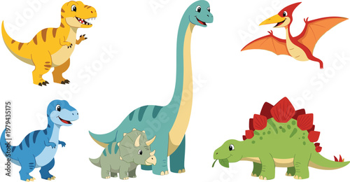 Cute Cartoon Dinosaur Set with T Rex Brachiosaurus Triceratops Stegosaurus and Pterodactyl Colorful Prehistoric Animals for Kids Education and Creative Design Projects