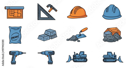 Construction tools and materials icon set.