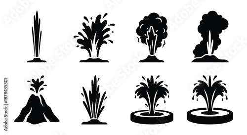 Geyser and fountain icons set, black silhouette water splash and volcanic eruption symbols, 8 vector elements for nature and energy design