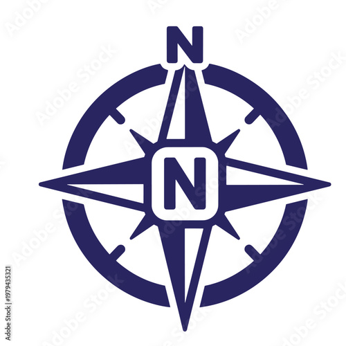 Dark blue compass rose with a central square containing the letter n, isolated on a white background, flat symbol for navigation and orientation
