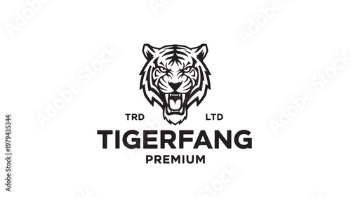 Tiger logo with roaring face and TGRFANG premium typography in bold black line art style featuring mascot, esport branding, vector inspired with