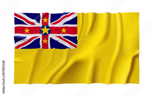 Realistic Niue country flag isolated on a transparent background. Silk atlas detailed fabric flag. Vector PNG