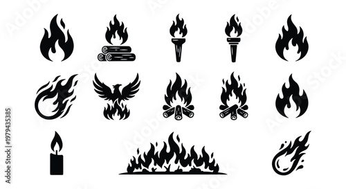 Black fire flame icon set, 13 vector elements including campfire, torch, and phoenix, minimalist bonfire and candle silhouettes for logo design