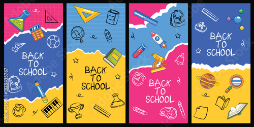Set of hand drawn back to school doodle element template background