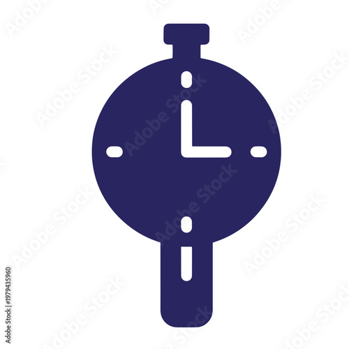 Dark blue stopwatch with white clock hands on white background, timer